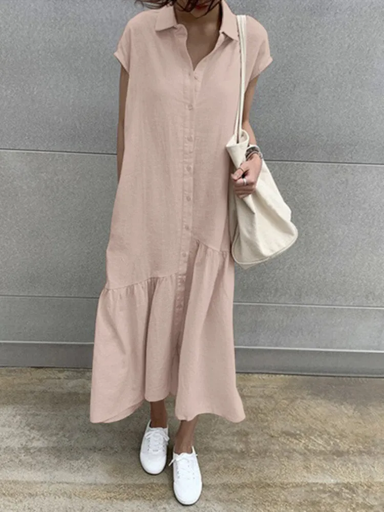 100% Cotton Solid Ruffles Bohemian Casual Maxi Dress For Women
