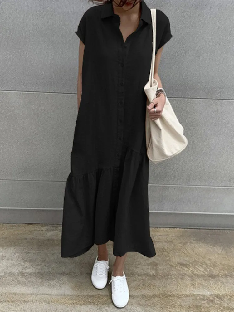 100% Cotton Solid Ruffles Bohemian Casual Maxi Dress For Women