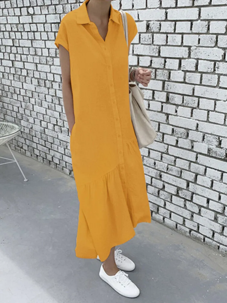 100% Cotton Solid Ruffles Bohemian Casual Maxi Dress For Women