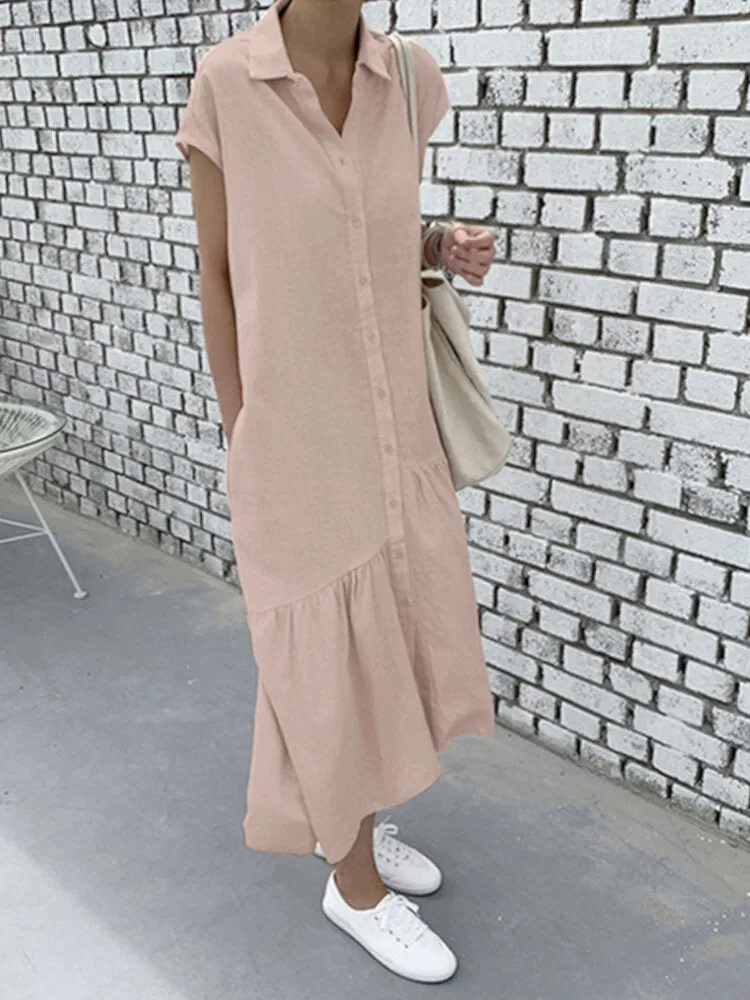 100% Cotton Solid Ruffles Bohemian Casual Maxi Dress For Women