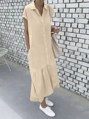 100% Cotton Solid Ruffles Bohemian Casual Maxi Dress For Women