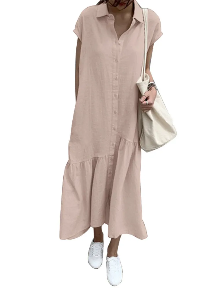 100% Cotton Solid Ruffles Bohemian Casual Maxi Dress For Women