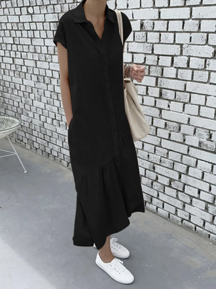 100% Cotton Solid Ruffles Bohemian Casual Maxi Dress For Women