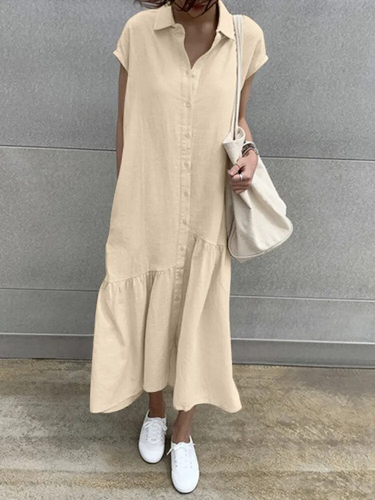 100% Cotton Solid Ruffles Bohemian Casual Maxi Dress For Women