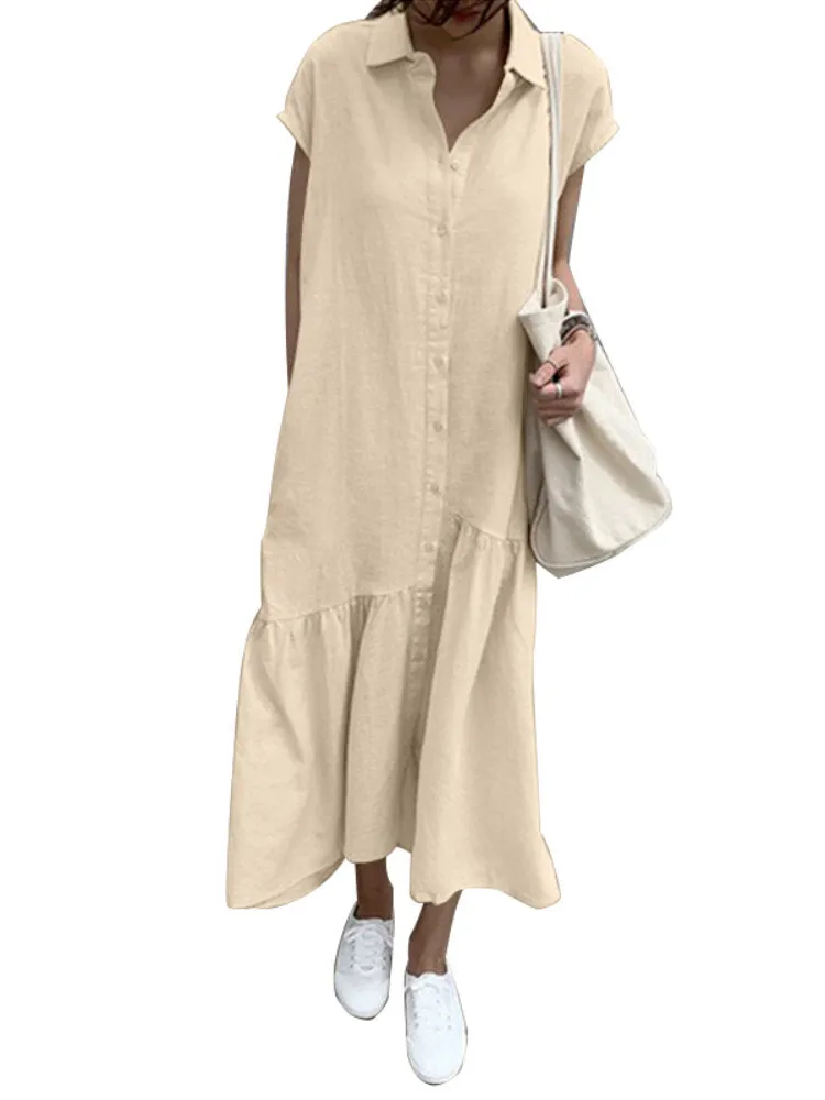 100% Cotton Solid Ruffles Bohemian Casual Maxi Dress For Women