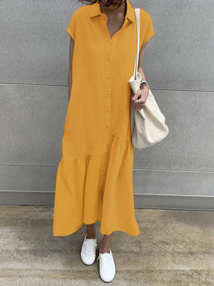 100% Cotton Solid Ruffles Bohemian Casual Maxi Dress For Women