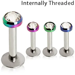 316L Internally Threaded Flat PVD Plated Top with Clear CZ Labret