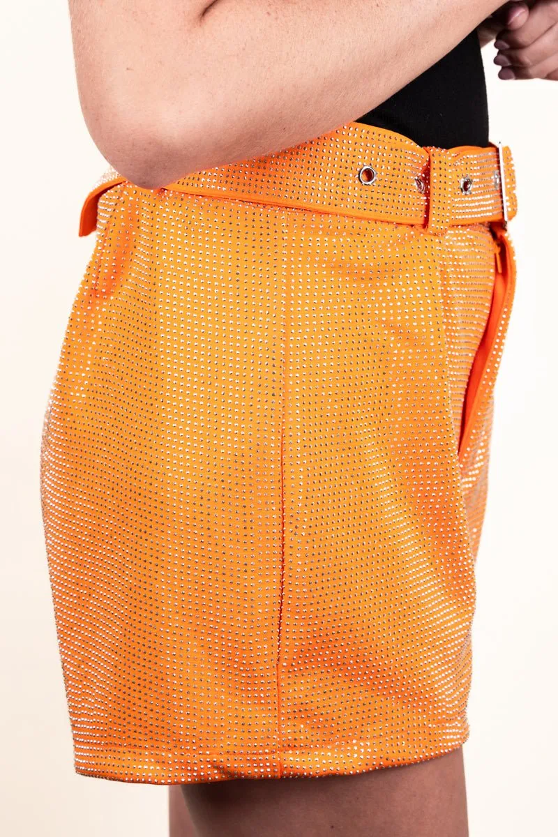 75% OFF DEAL DROP! Saturday Shimmer Orange Crystal Belted Shorts