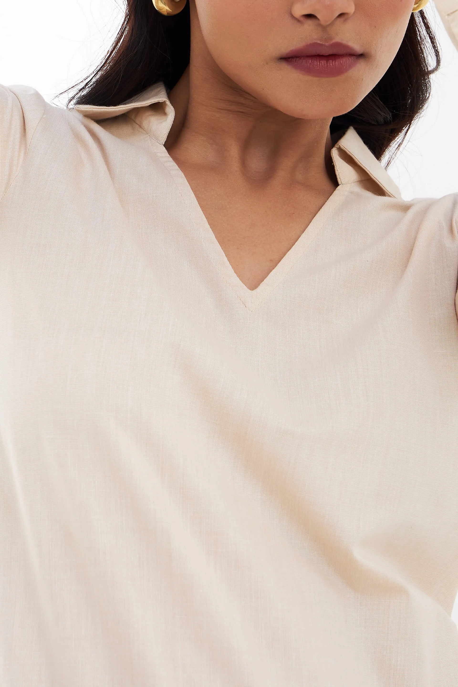 Allure Collared Long Top - Beige