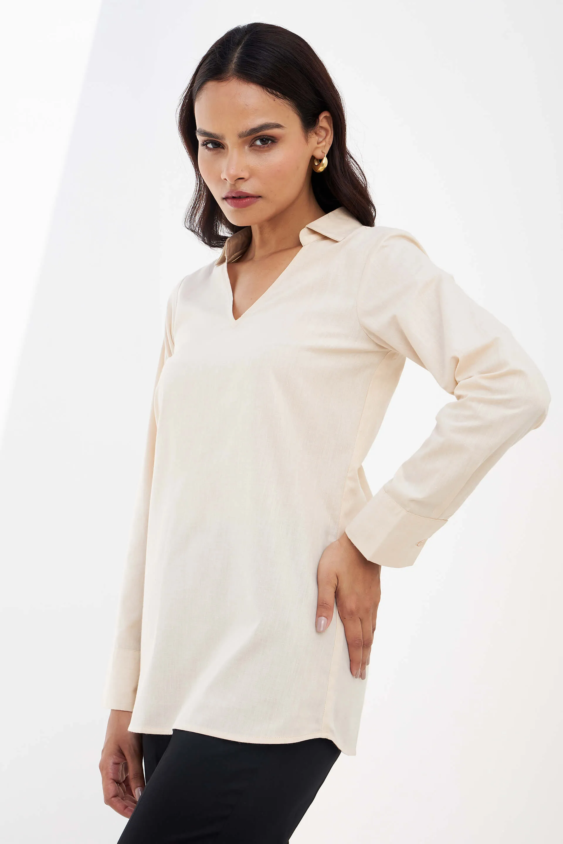 Allure Collared Long Top - Beige