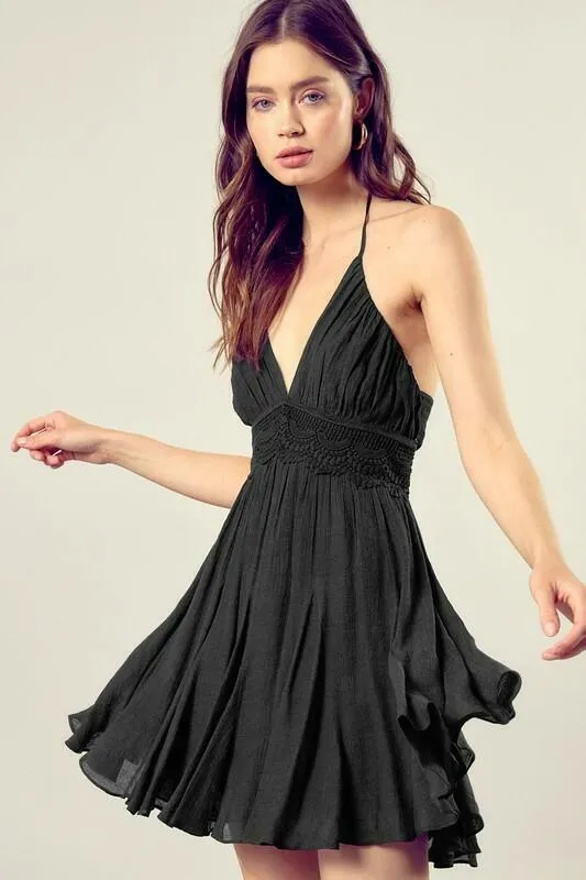 Arianna Black Lace Halter Mini Dress