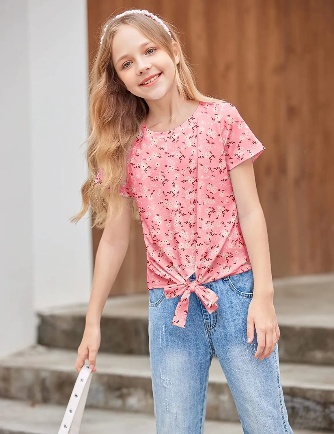 Arshiner Girls Casual Short Sleeve T Shirts Kids Tie Knot Front Tops