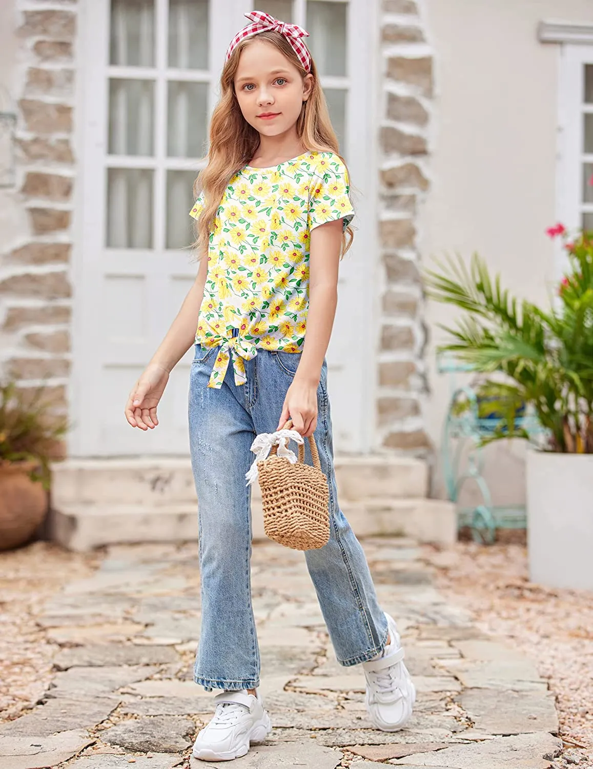 Arshiner Girls Casual Short Sleeve T Shirts Kids Tie Knot Front Tops