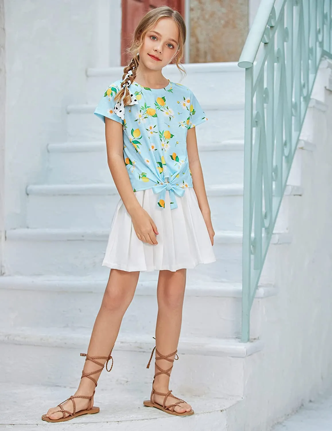 Arshiner Girls Casual Short Sleeve T Shirts Kids Tie Knot Front Tops