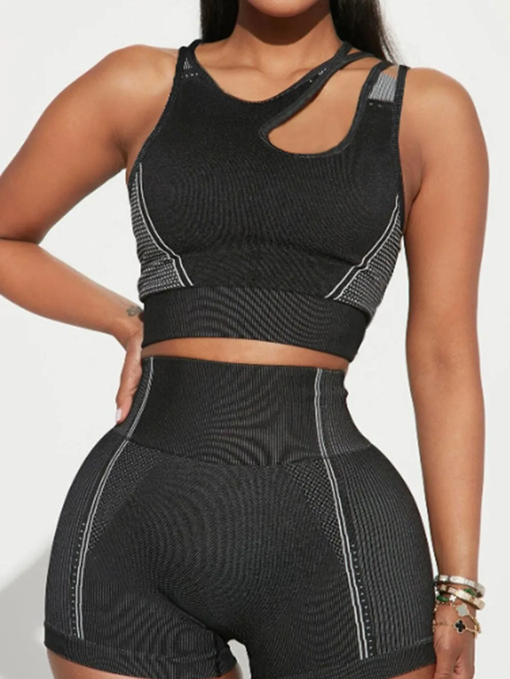 Black Cutout Seamless Athletic Bra and Shorts Set