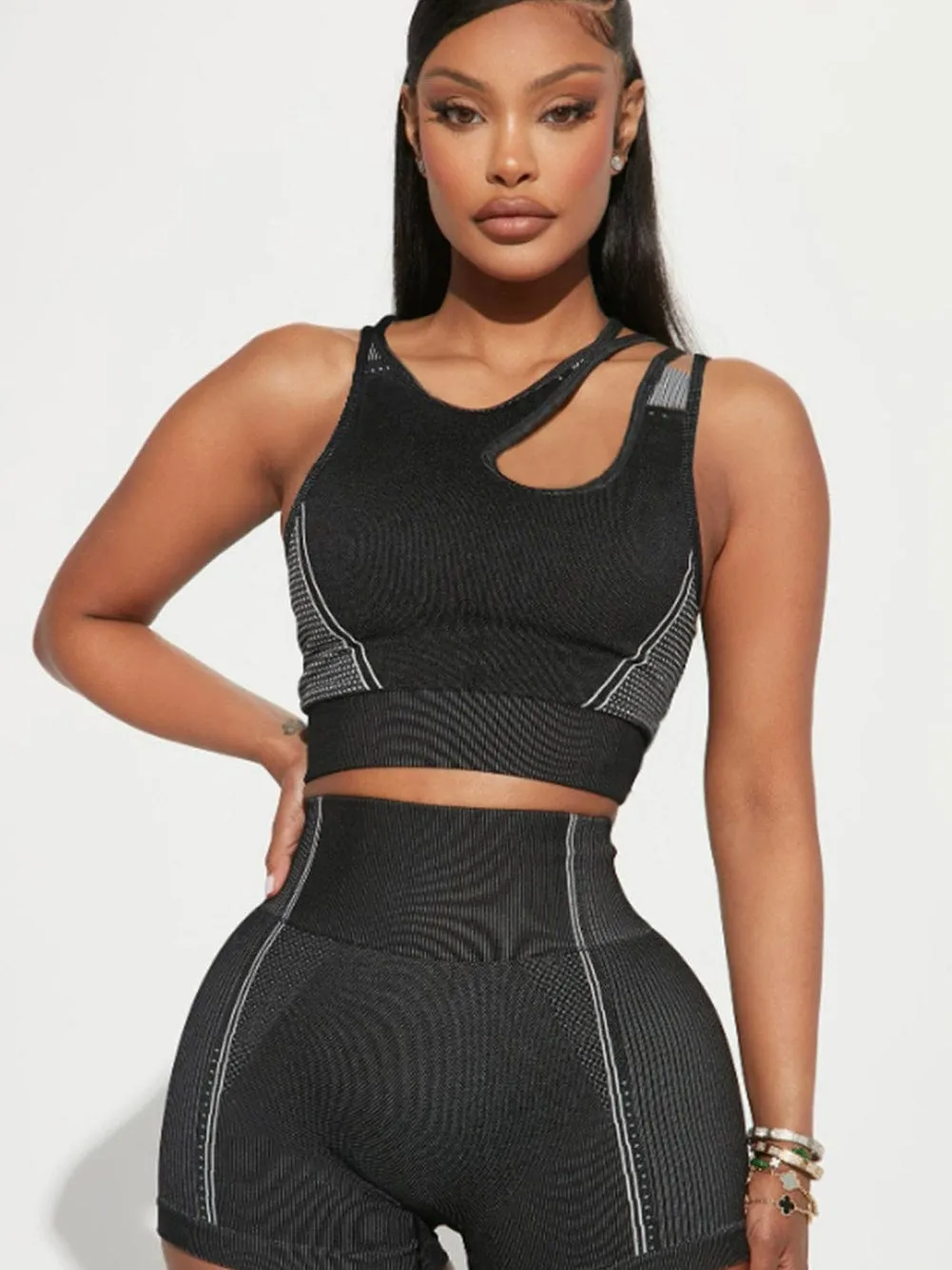 Black Cutout Seamless Athletic Bra and Shorts Set