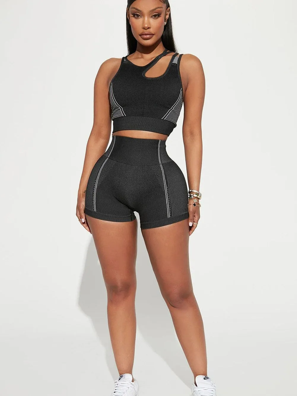Black Cutout Seamless Athletic Bra and Shorts Set