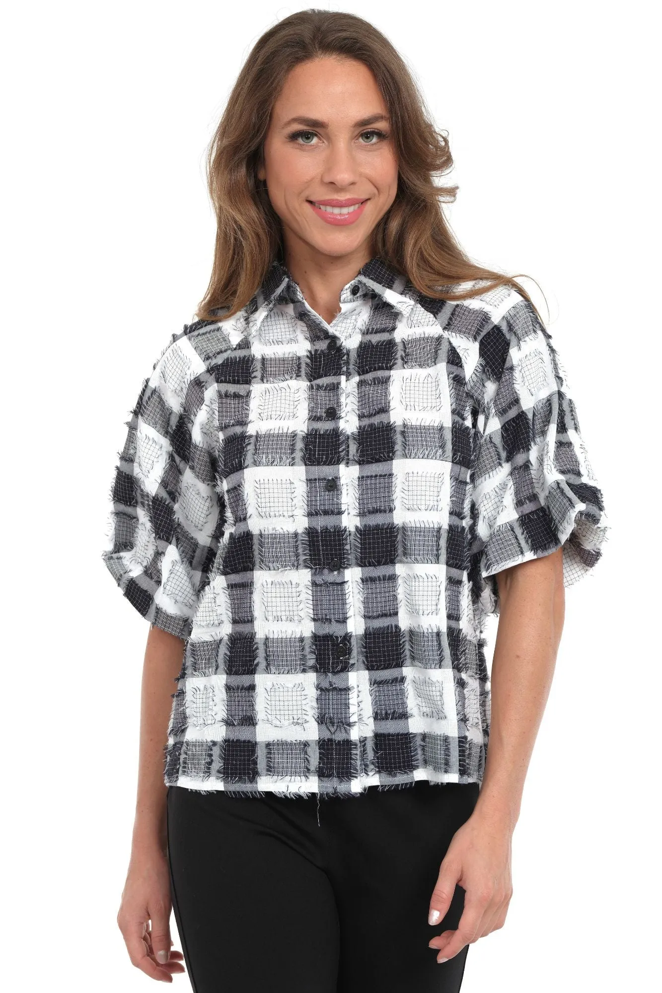 Black Plaid Top with Short Puff Sleeves and Fringe Details - Women's "Halo" | LIOR - Alisha.D