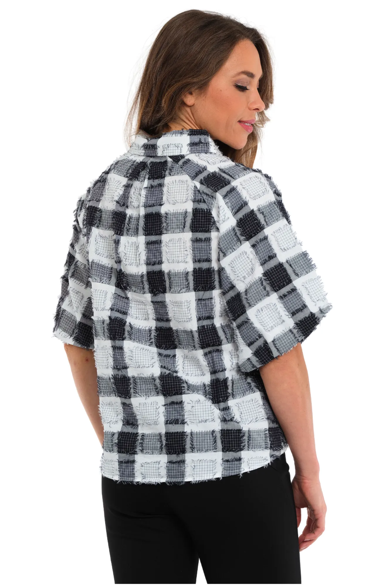 Black Plaid Top with Short Puff Sleeves and Fringe Details - Women's "Halo" | LIOR - Alisha.D