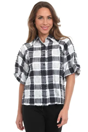 Black Plaid Top with Short Puff Sleeves and Fringe Details - Women's "Halo" | LIOR - Alisha.D