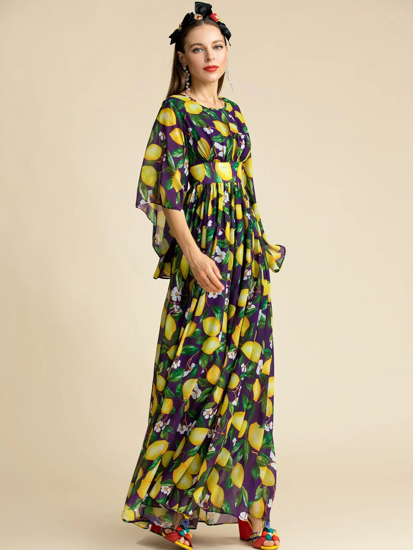 Bohemian Lemon Print Backless Maxi Dress