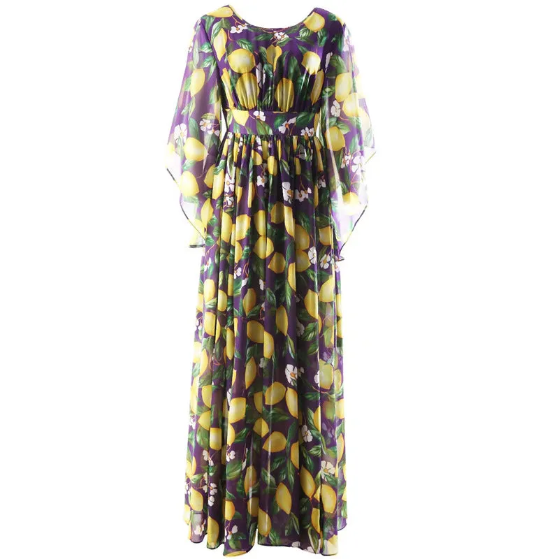 Bohemian Lemon Print Backless Maxi Dress