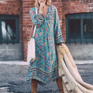 Bohemian V-neck Print Long Sleeves Tee Length Plus Size Dress