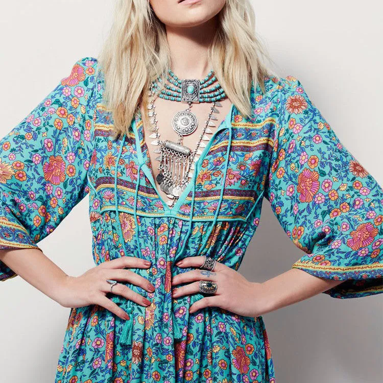 Bohemian V-neck Print Long Sleeves Tee Length Plus Size Dress