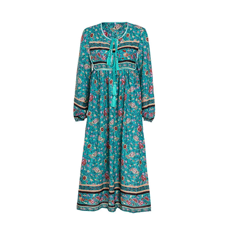 Bohemian V-neck Print Long Sleeves Tee Length Plus Size Dress