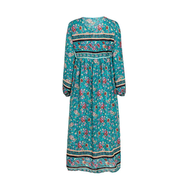 Bohemian V-neck Print Long Sleeves Tee Length Plus Size Dress
