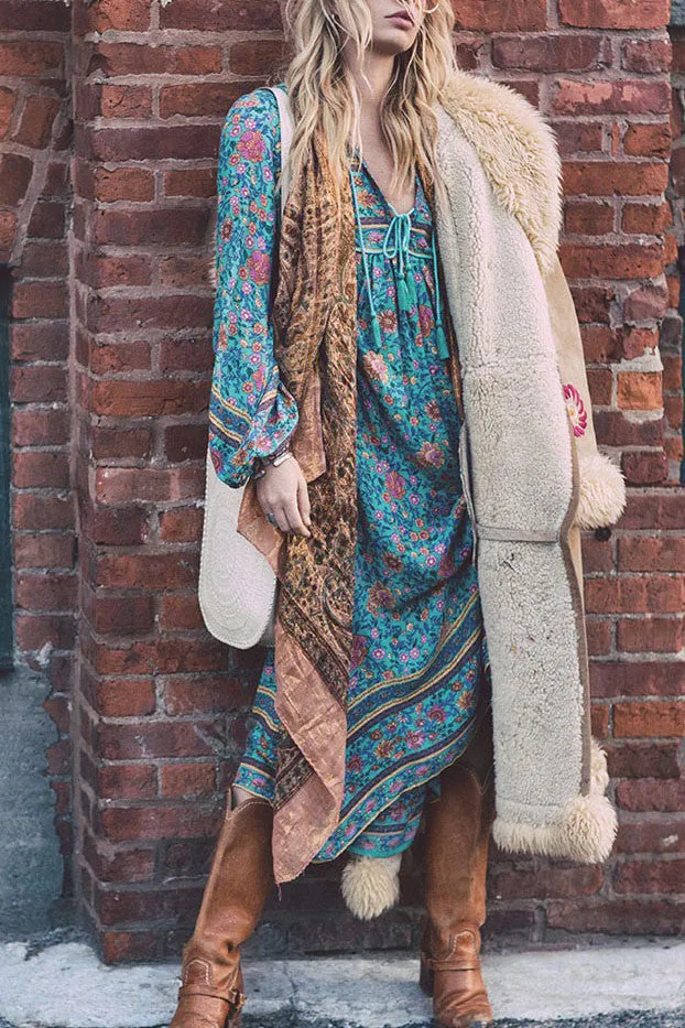 Bohemian V-neck Print Long Sleeves Tee Length Plus Size Dress