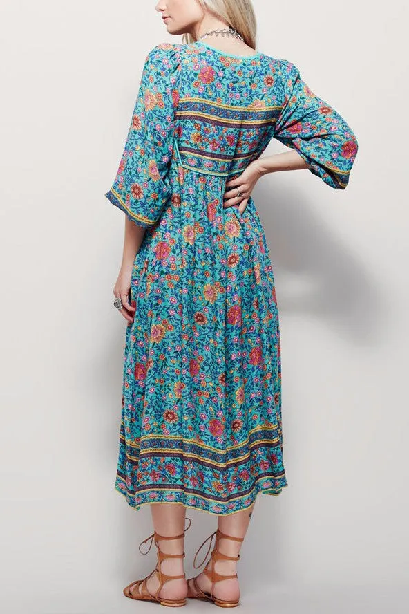 Bohemian V-neck Print Long Sleeves Tee Length Plus Size Dress