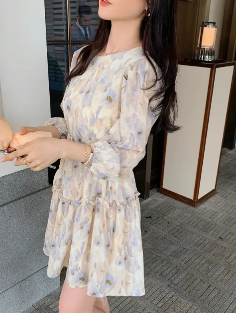 BOHO FLORAL PRINT BOW TIE NECK CHIFFON SUMMER DRESS