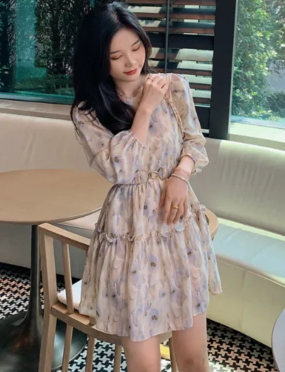 BOHO FLORAL PRINT BOW TIE NECK CHIFFON SUMMER DRESS
