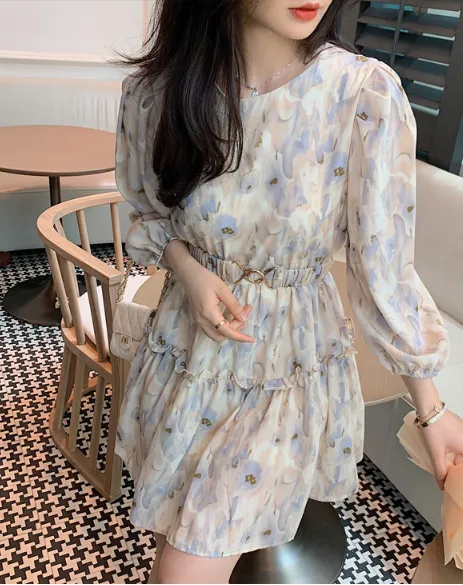BOHO FLORAL PRINT BOW TIE NECK CHIFFON SUMMER DRESS