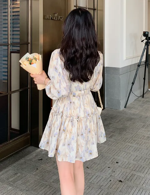 BOHO FLORAL PRINT BOW TIE NECK CHIFFON SUMMER DRESS
