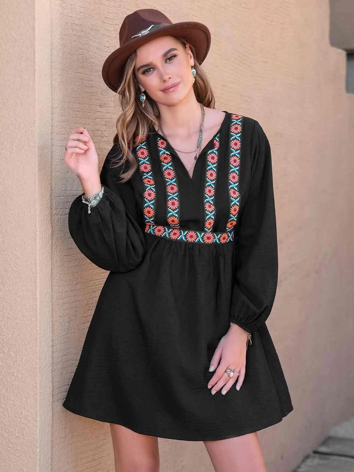 Boho-Inspired Tropical Midi Dress with Notched Neckline