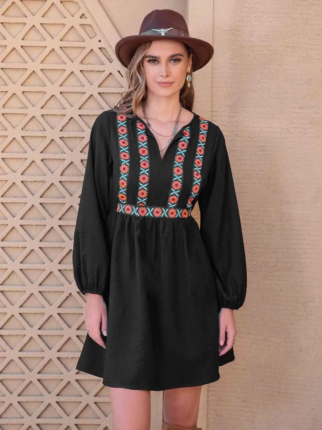 Boho-Inspired Tropical Midi Dress with Notched Neckline