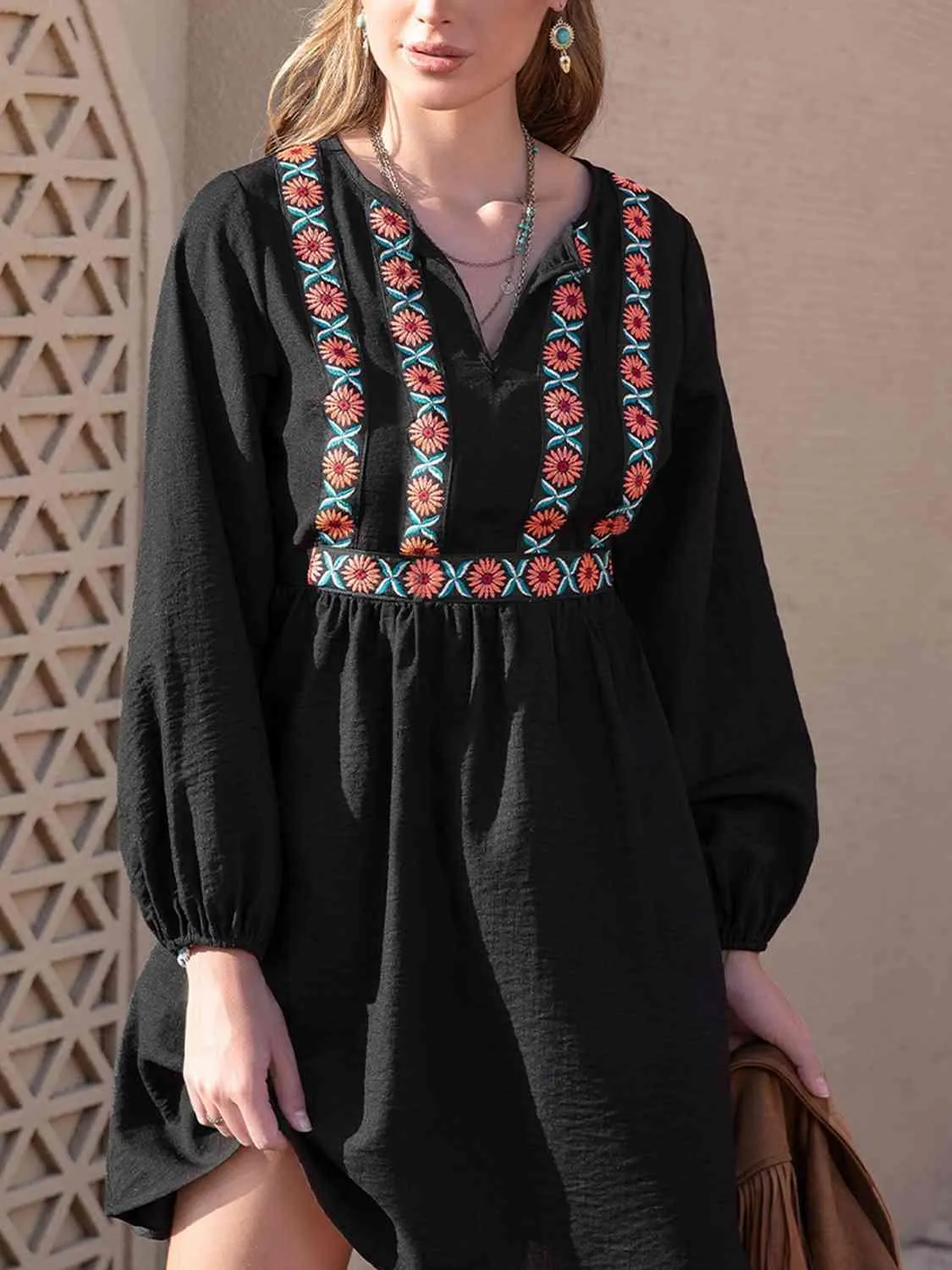 Boho-Inspired Tropical Midi Dress with Notched Neckline