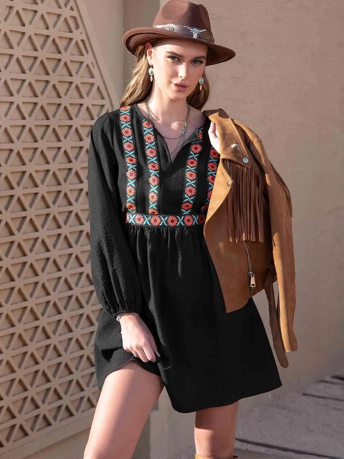 Boho-Inspired Tropical Midi Dress with Notched Neckline