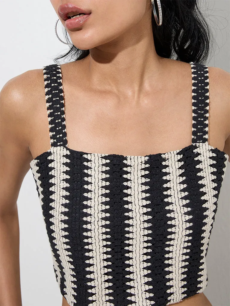 Bombay Paisley Black Dual Toned Cotton-Blend Crop Top