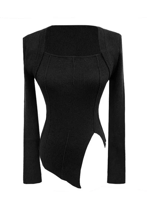Bottle Slit Square Collar Tops
