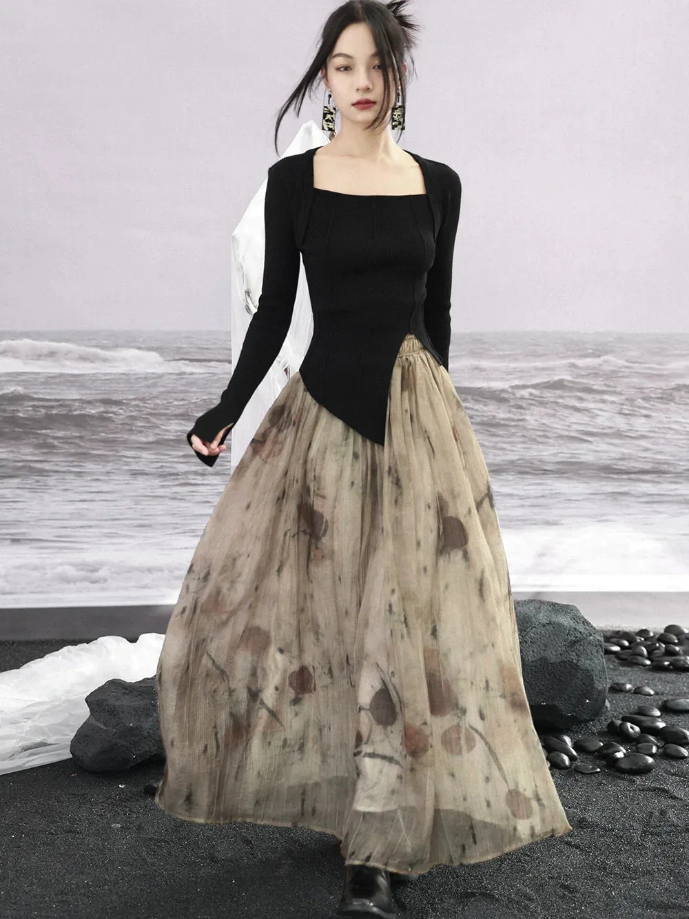 Bottle Slit Square Collar Tops