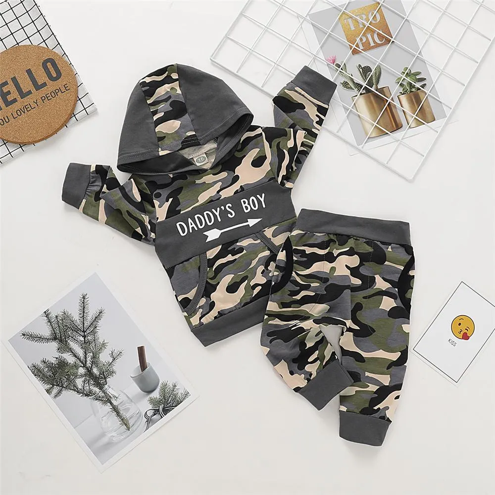 Boys Camo Letter Printed Hooded Tops & Trousers