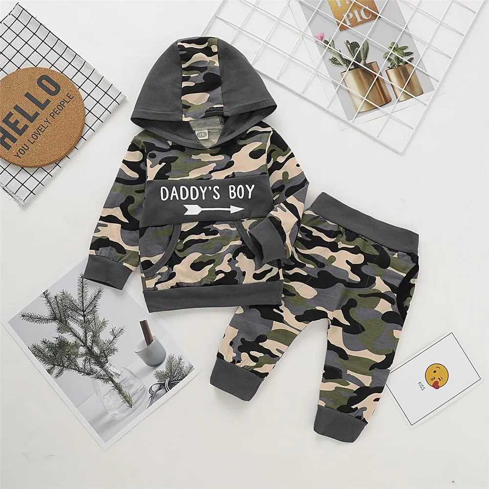 Boys Camo Letter Printed Hooded Tops & Trousers