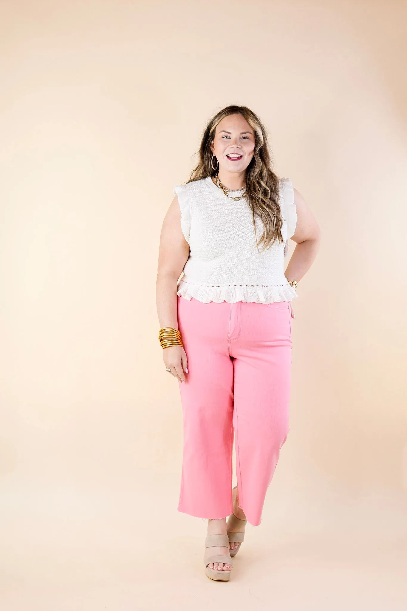 Breezy Baby Cropped Sweater with Ruffle Cap Sleeves in Ivory