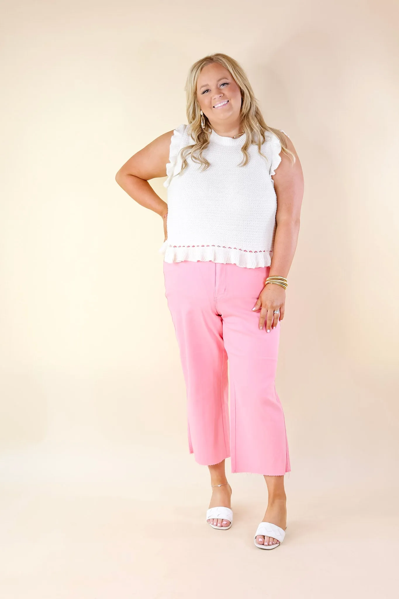 Breezy Baby Cropped Sweater with Ruffle Cap Sleeves in Ivory