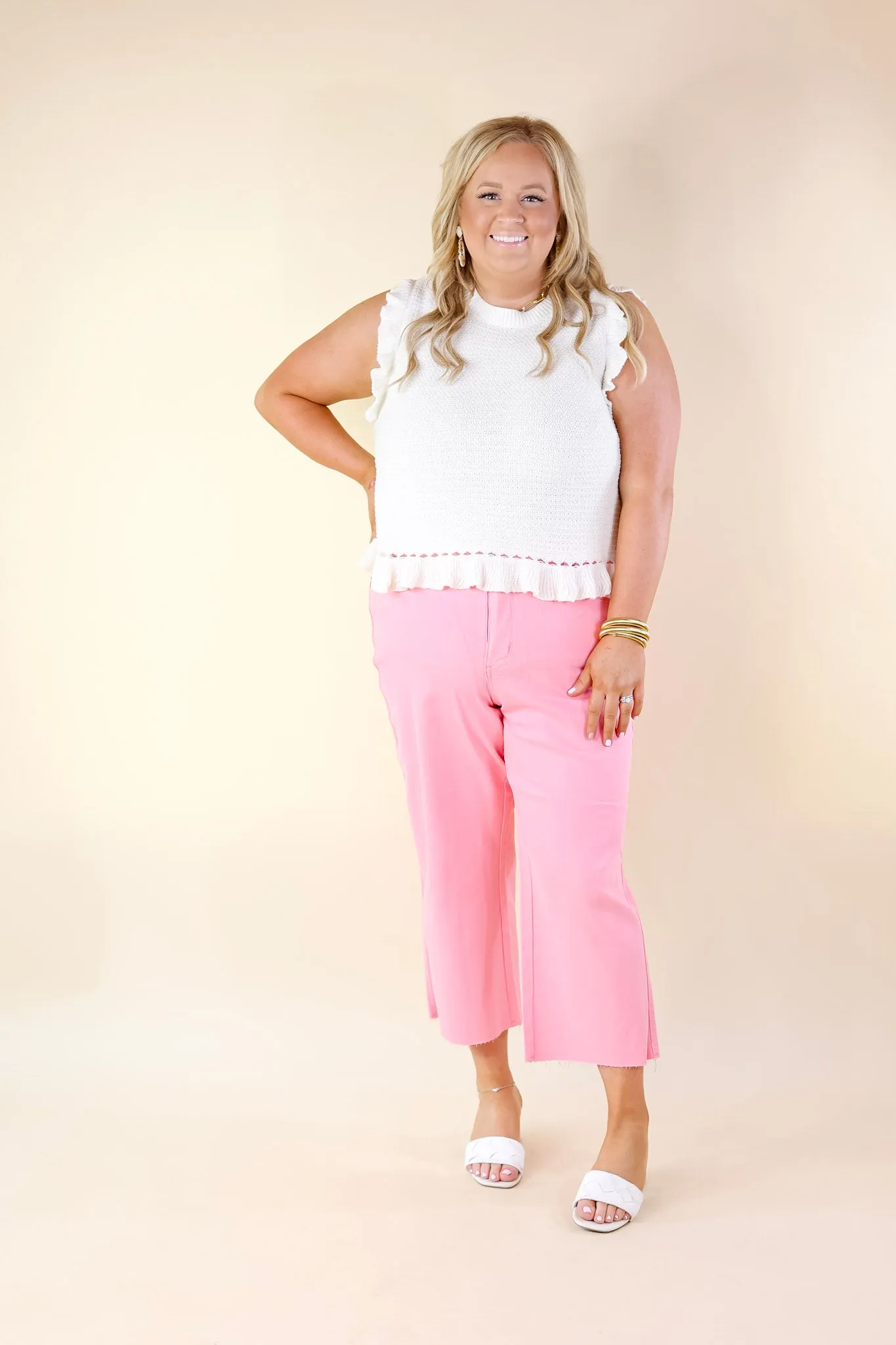 Breezy Baby Cropped Sweater with Ruffle Cap Sleeves in Ivory