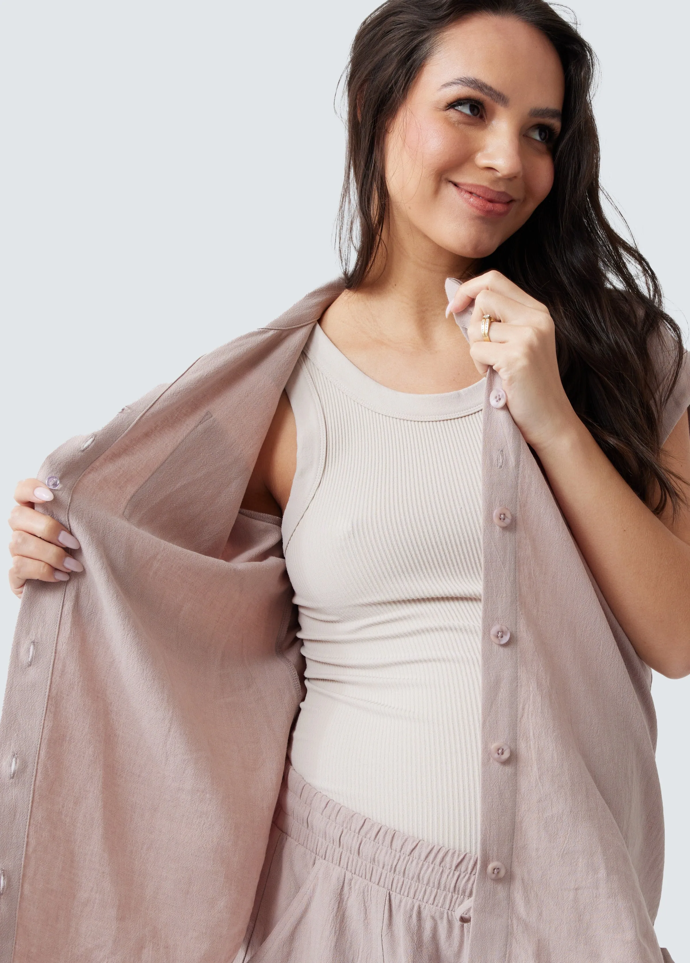 Breezy Linen Maternity Shirt Short Sleeve Button Up