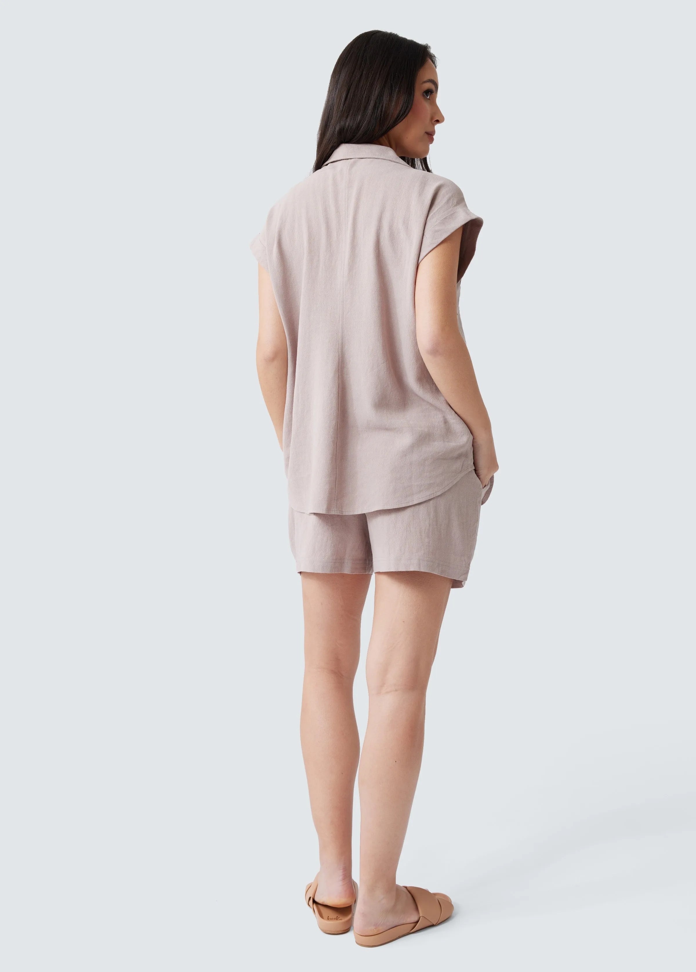 Breezy Linen Maternity Shirt Short Sleeve Button Up